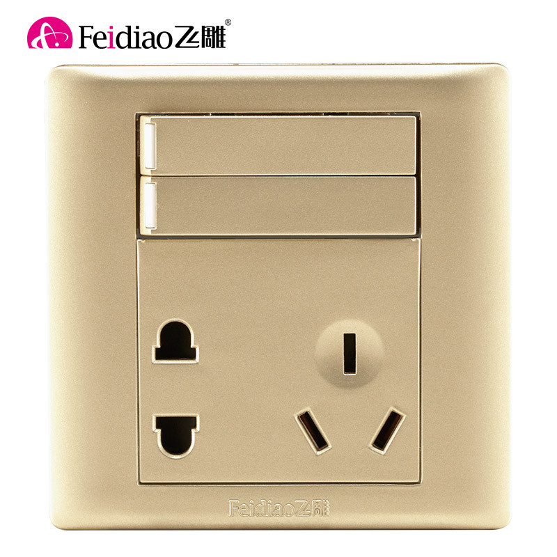 飞雕（FEIDIAO）开关插座面板家用墙壁套餐二三5五孔10A电源插座A3香槟金86型一开单控开关 A3-86香槟金套装 二开单带五孔