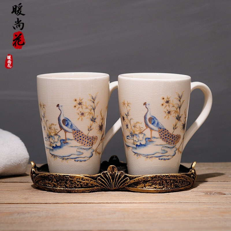 洋子（YangZi）欧式创意陶瓷漱口杯简约分离式洗漱水杯牙刷杯子情侣套装卫浴用品_1 情侣对杯蓝孔雀(把手)