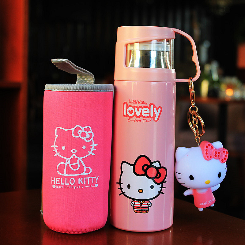 洋子（YangZi）可爱保温杯不锈钢便携真空男女士学生儿童卡通水壶创意带盖茶水杯 猫咪小号350ML赠杯套+公仔+杯刷