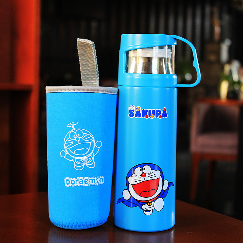 洋子（YangZi）可爱保温杯不锈钢便携真空男女士学生儿童卡通水壶创意带盖茶水杯 叮当小号350ML赠杯套+杯刷