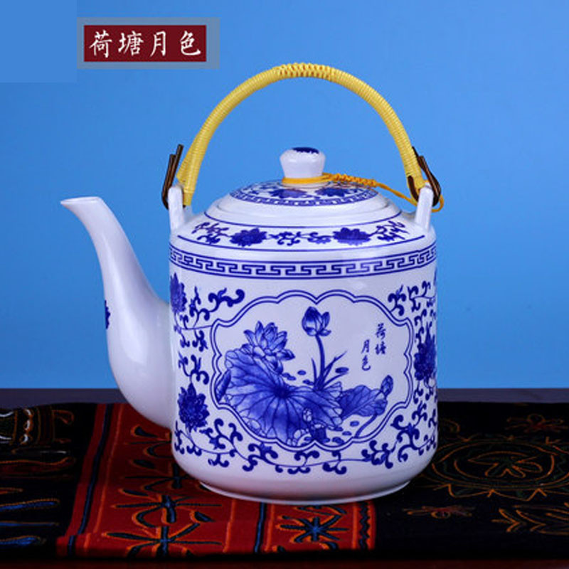 陶瓷茶壶大容量饭店凉水壶大号冷水壶青花提梁泡茶壶茶水壶冷水茶壶中国风陶瓷青花瓷冷水壶家用中_2 荷塘月色2.8升