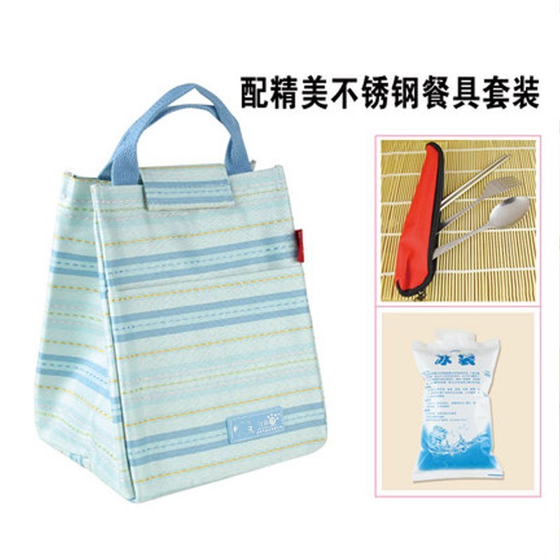 韩式牛津布便当包便当袋铝箔手提袋学生保温包饭盒包冰包饭盒袋多色多款多功能生活日用收纳用品时 典雅蓝+餐具(送冰袋)