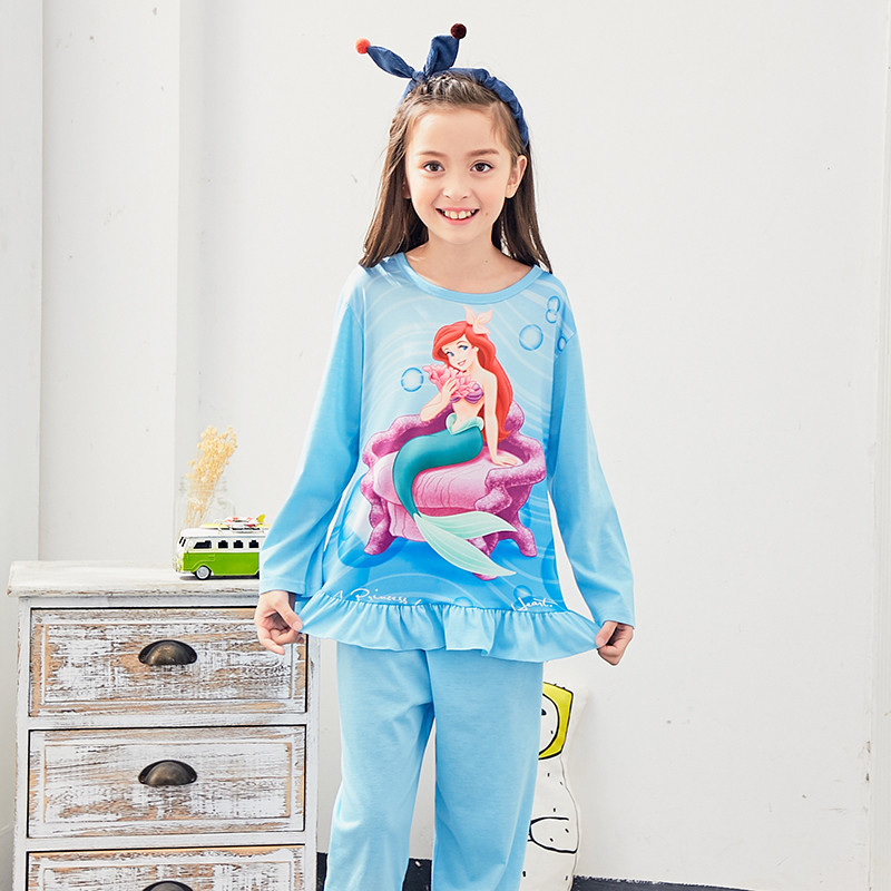 爱伊琪 2018春秋季新款儿童睡衣长袖家居服女童大童小孩套装薄款 16 蓝色美人鱼