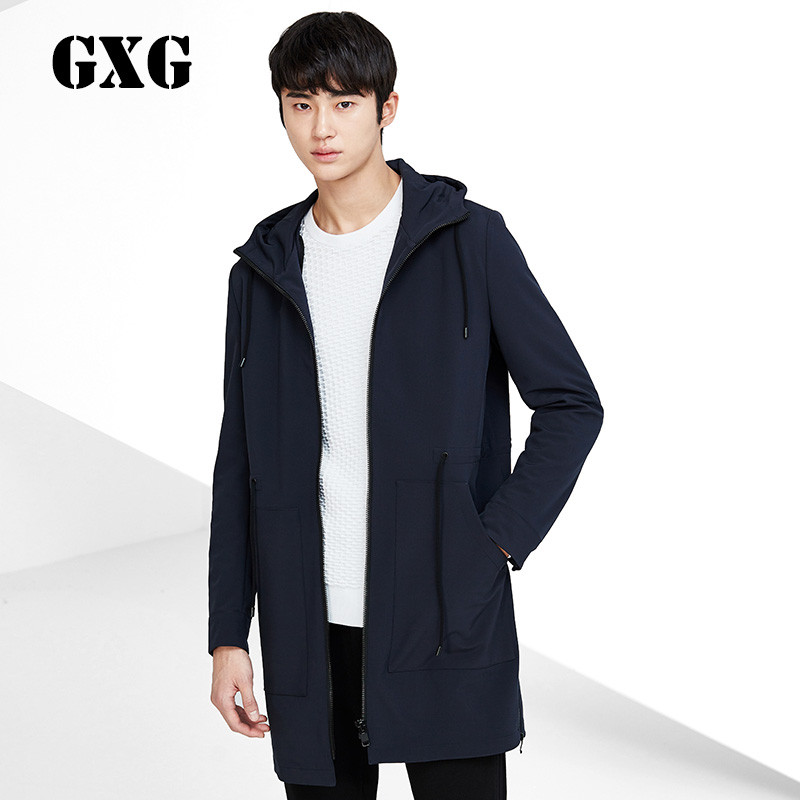GXG风衣男装秋季男士时尚都市修身藏青色长款风衣外套#63108325 175/L 藏青色