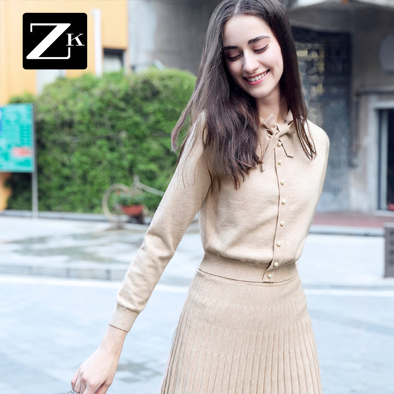 ZK针织连衣裙chic两件套装裙毛衣时髦女装中长款秋冬2018春装新款 S 花杏色