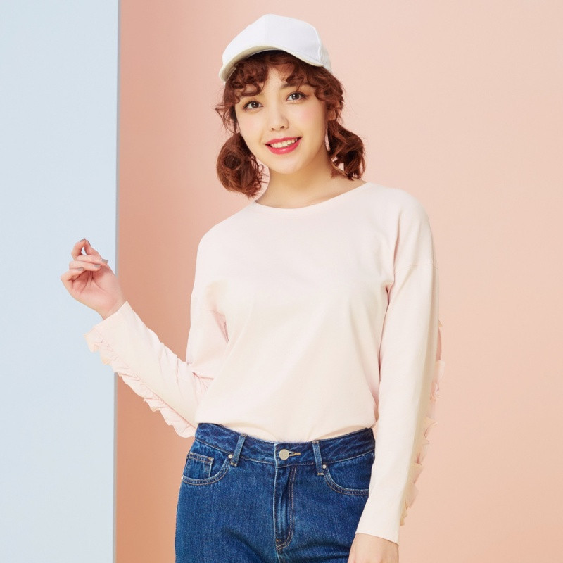 美特斯邦威2018春装新品chic长袖T恤女荷叶边打底衫甜美韩版潮X6034954467_1 170/92A 浅粉