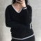 【苏宁直营】新款春秋薄v领羊绒衫毛衣女短款套头羊毛长袖修身百搭打底针织衫 黑色 L