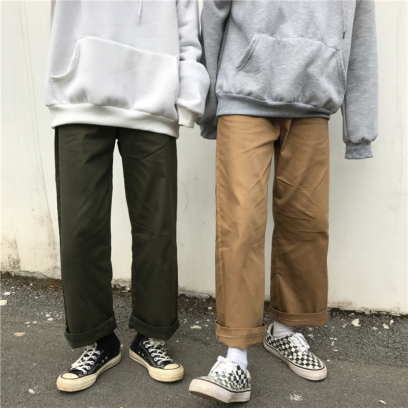 18款式秋韩版宽松bf原宿风复古港味休闲直筒工装阔腿裤九分长裤男女学生 M 军绿色
