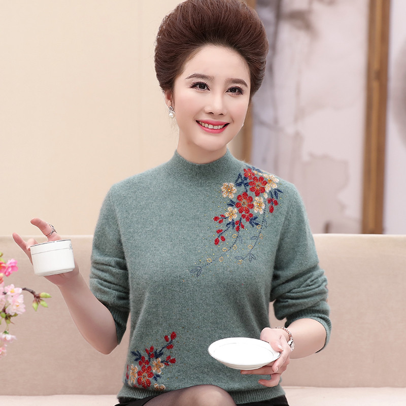 18款式中老年女装纯羊绒毛衣打底衫50-60岁妈妈装秋冬装羊毛衫保暖上衣 4XL建议145-155斤 半高领绿色
