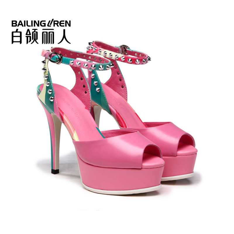 白领丽人夏季新胎牛皮女鞋彩虹拼色细跟高跟时尚女凉鞋 桃红色 38码