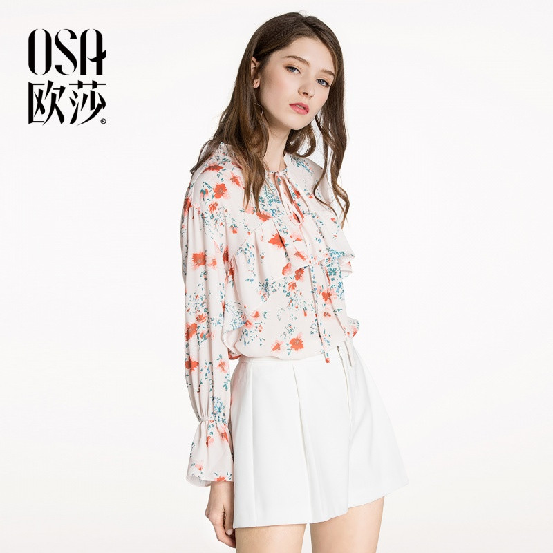 OSA欧莎2018春装新款女装别致系带V领印花优雅荷叶袖雪纺衫 S 奶油橘色