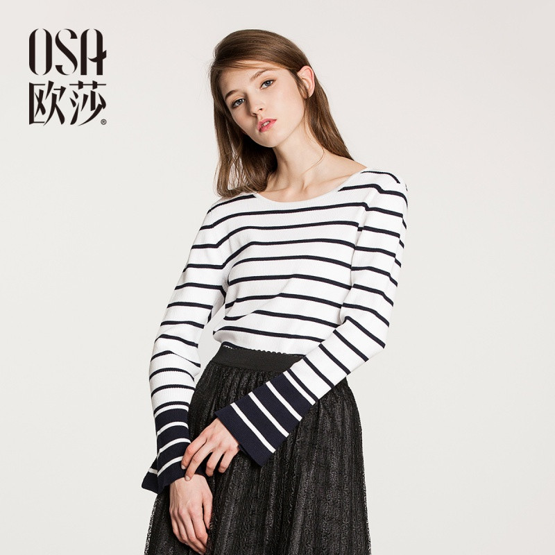 OSA欧莎2018春装新款女装简约时尚条纹套头针织衫 M 蓝白条纹