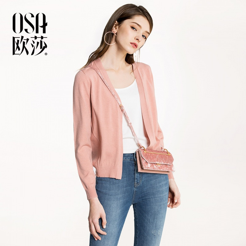 OSA欧莎2018春装新款女装舒适简约针织开衫 M 浅粉色