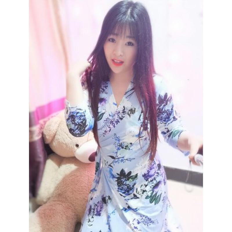 18款式秋季七分袖连衣裙女气质碎花长款裹身裙V领修身显瘦开叉印花长裙_9_8 M 8748天蓝