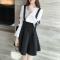 18款式小香风套装女2018春季新款学院风连衣裙修身显瘦学生背带裙两件套_5 2XL 白色+黑色