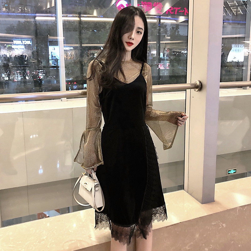 18款式2018秋冬新款韩版中长款黑色金丝绒蕾丝吊带连衣裙背带裙两件套女 2XL 两件套