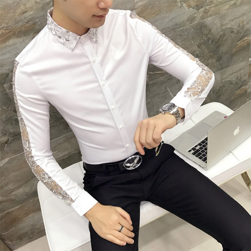 18款式秋季新款个性刺绣男士长袖衬衫潮流韩版修身时尚绣花夜店帅气衬衣 L H204-白色
