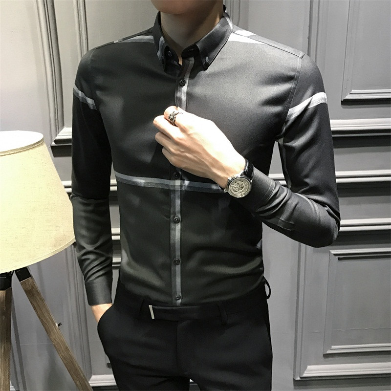18款式春季新款长袖衬衫男条纹潮流格子休闲长袖寸衫时尚帅气修身衬衣男 2XL 深灰色