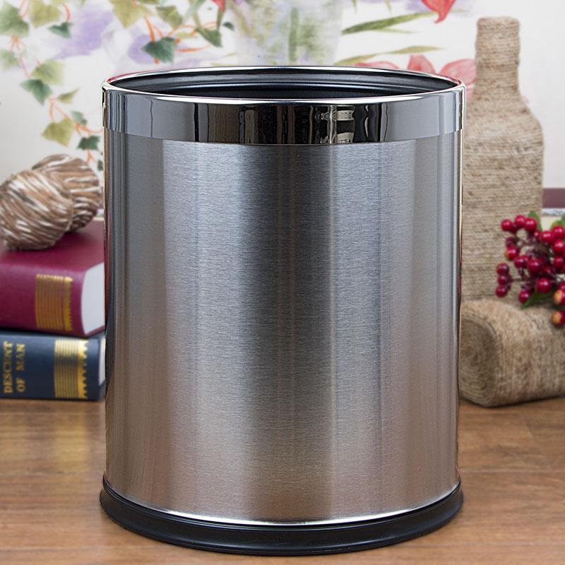 不锈钢垃圾桶大号双层创意圆形酒店厕所客厅家用卫生间厨房无盖_3 12L浅咖色回纹