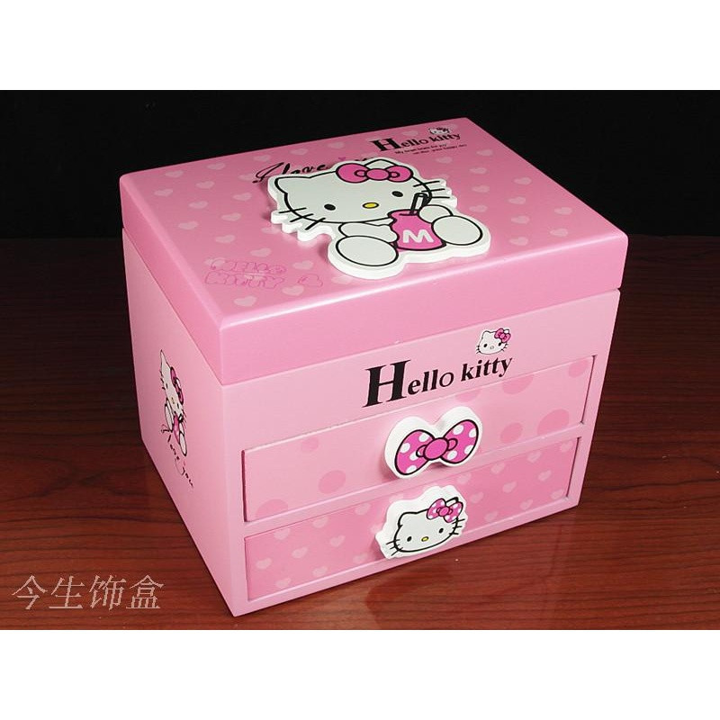 KT猫首饰盒木质凯蒂猫饰品盒化妆盒梳妆盒收纳盒闺蜜女生日礼物_4 两抽屉音乐盒