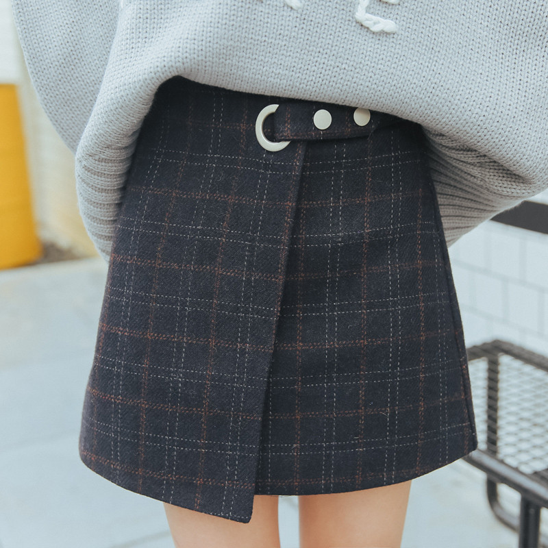 18款式毛呢半身裙秋冬女2018新款短裙女韩版学生高腰百搭格子包臀a字裙 M 藏青色