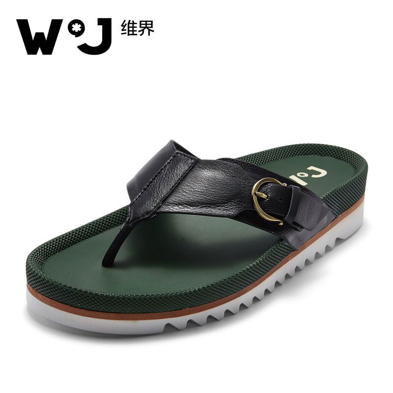 维界WATCHJADY拖鞋 防滑舒适新款牛皮百搭勃肯鞋人字拖 绿黑色 38 绿黑色 42