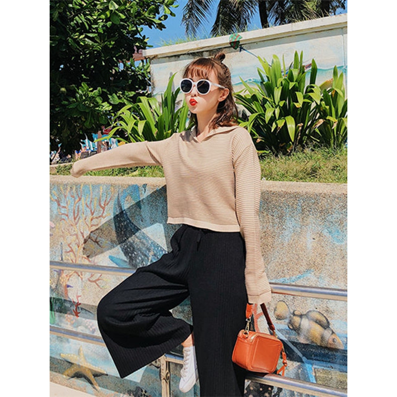Ms.Maggie韩版新款18春夏新款连帽针织套头百搭上衣5067-76240-P63-XS 均码 杏色