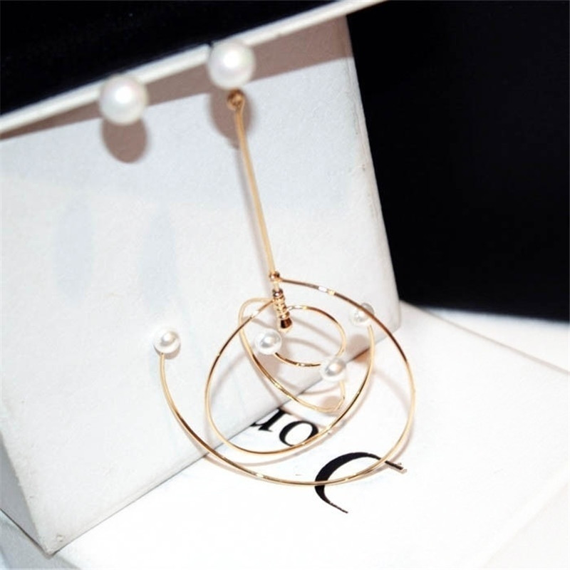 新款时尚韩国耳环珍珠气质百搭不对称几何型耳钉 波西米亚耳坠女 金色