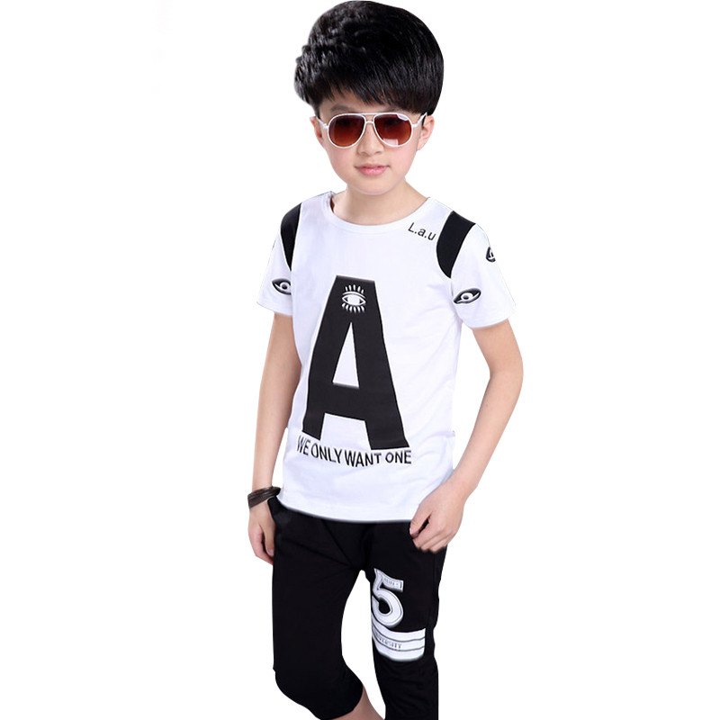 2018新款中大儿童棉男孩夏季运动两件套童装潮 120码适合100-110cm 白色