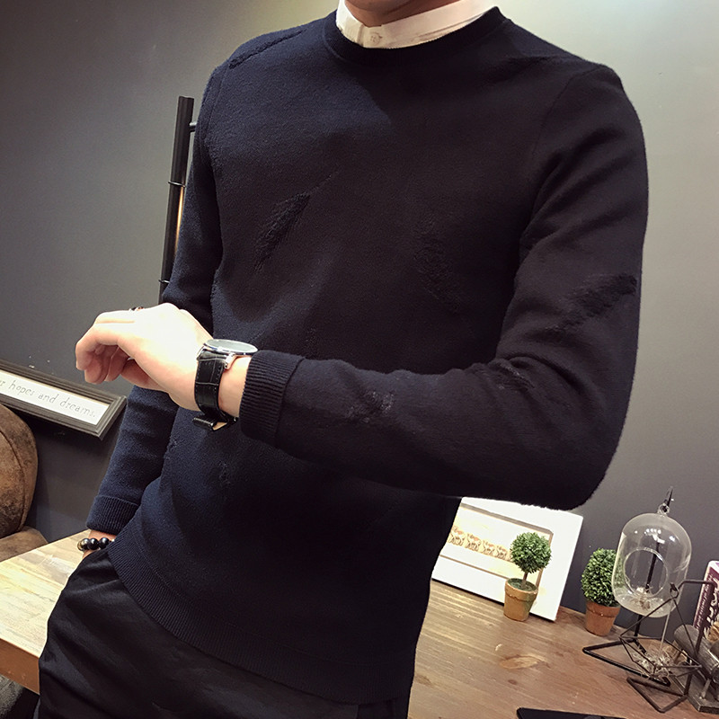 18款式18春装毛衣男韩版潮流个性羽毛修身百搭休闲打底圆领针织衫男长袖 2XL 黑色