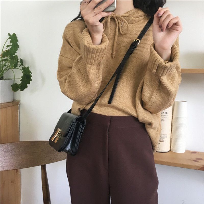 18款式春季韩版百搭纯色连帽套头毛衣外套女学生宽松显瘦长袖针织衫上衣 均码 驼色