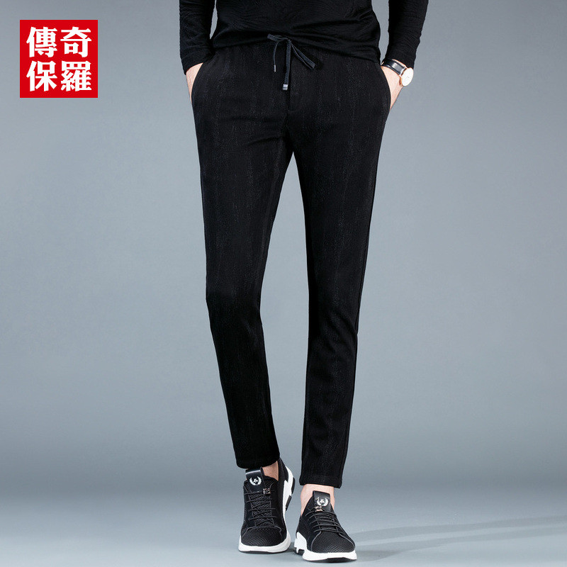 传奇保罗抓绒松紧裤男冬季加厚高弹力修身裤子抽绳运动休闲裤 34 黑色