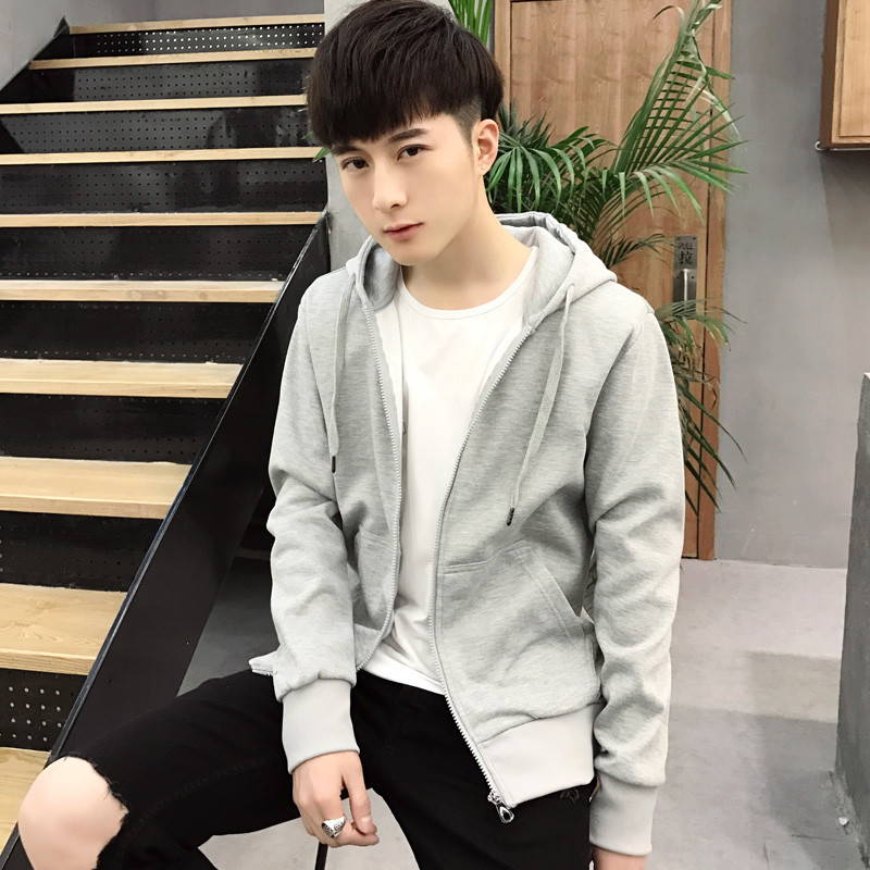 18款式2018冬季卫衣男连帽青少年加绒春季加厚韩版潮流开衫学生帅气外套 2XL 亚浅灰不加绒