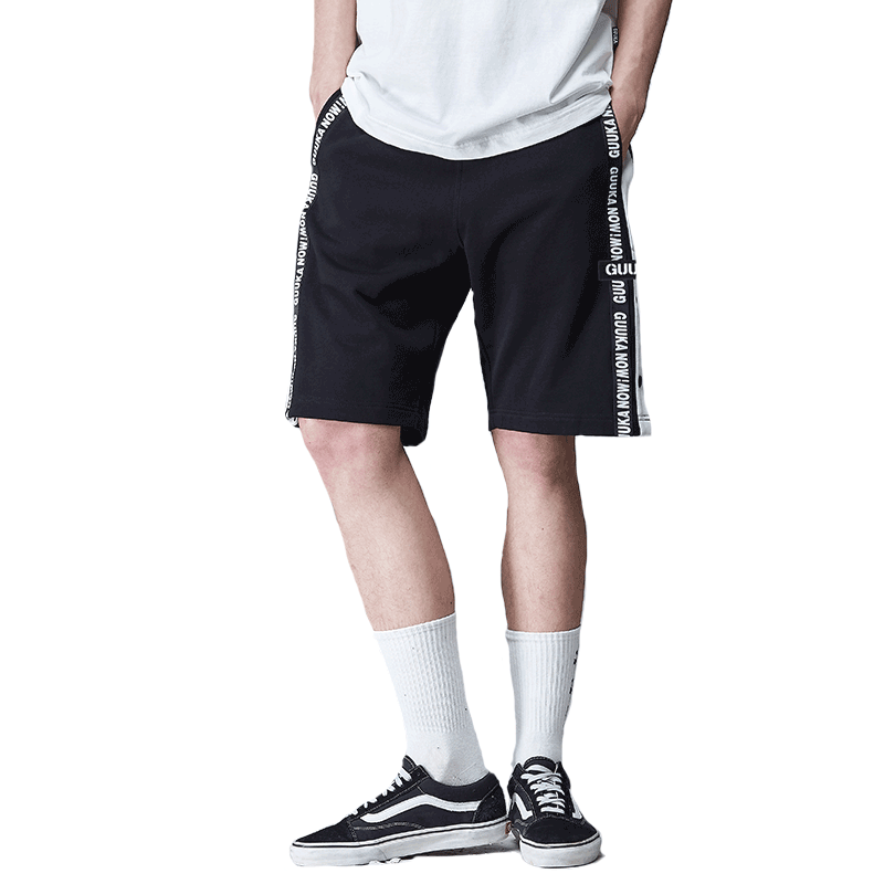Guuka运动针织裤男青少年街头跑步短裤男夏天嘻哈宽松五分裤纯棉 XXL 黑色