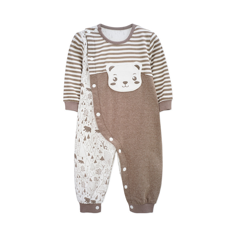 秋季男宝宝休闲家居服可爱印花条纹拼接斜开扣连体衣 深咖啡 90cm