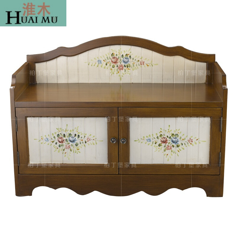 淮木（HUAIMU）美式复古穿鞋凳彩绘换鞋凳收纳储物柜两玄关鞋柜欧式坐凳 木色+白色彩绘花