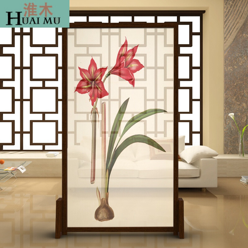 淮木（HUAIMU）北欧实木屏风客厅玄关隔断家具酒店办公室屏风中式兰花风水座屏红色兰花白蜡 白色兰花胡桃木80*180CM