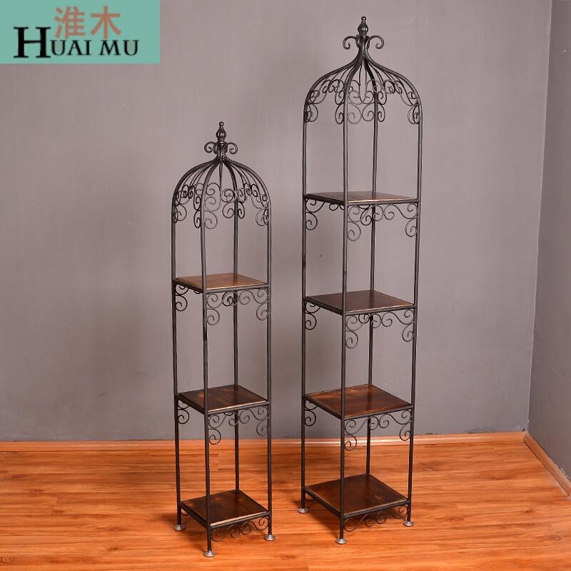 淮木（HUAIMU）美式复古实木铁艺花架花几客厅阶梯落地式多层方形置物架_5 小号铁层板