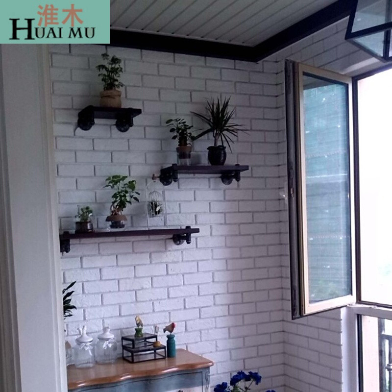 淮木（HUAIMU）美式做旧工业水管置物架铁艺厚实书架实木隔板壁挂搁物架 长80CM
