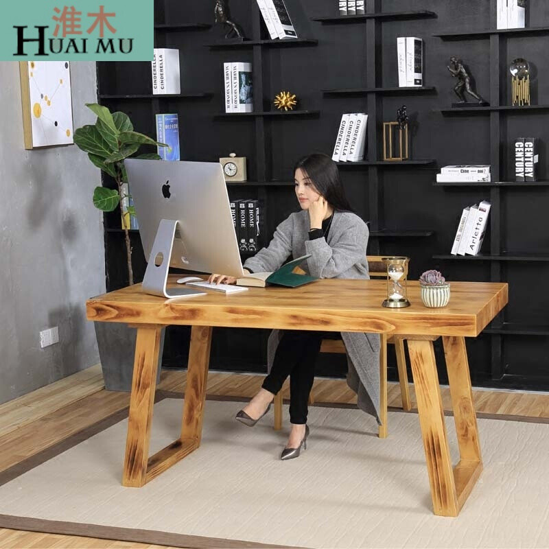 淮木（HUAIMU）电脑桌实木白色书桌简约现代家用学生写字台式电脑桌田园日式书桌 铁艺桌脚140*80*75木板8cm