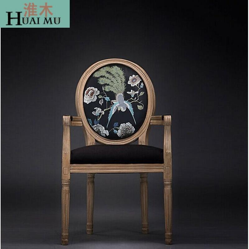 淮木（HUAIMU）欧式复古做旧实木餐椅美式乡村扶手靠背椅酒店椅子化妆凳椅_5 复古扶手凤凰刺绣