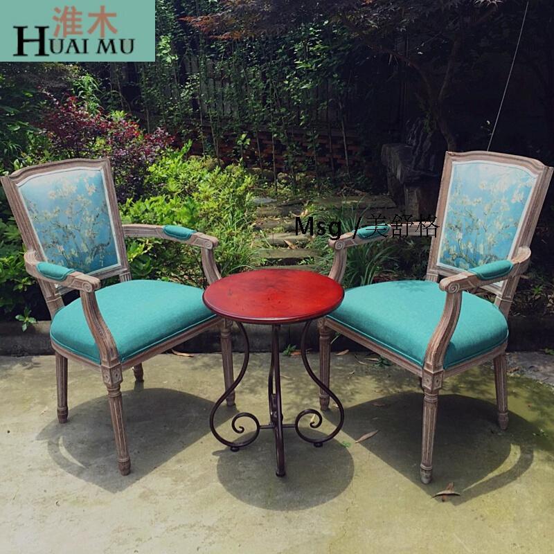 淮木（HUAIMU）欧式复古做旧实木餐椅美式乡村扶手靠背椅酒店椅子化妆凳椅_5 橡木梯形方背带扶手
