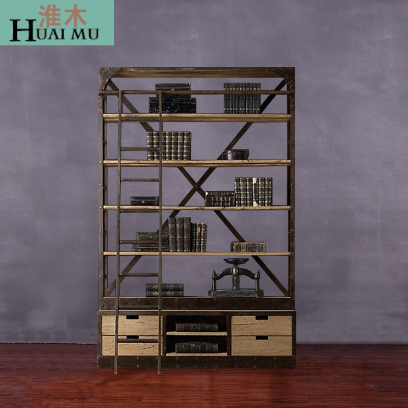 淮木（HUAIMU）北欧美式工业风铁艺复古隔断实木置物架客厅落地创意书架 中号(120*40*220)