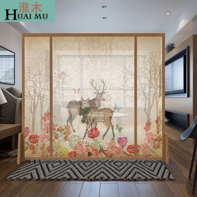 淮木（HUAIMU）简约北欧实木半透屏风玄关客厅移动隔断座屏书房卧室隔断麋鹿座屏白蜡木28 白蜡木220*180cm