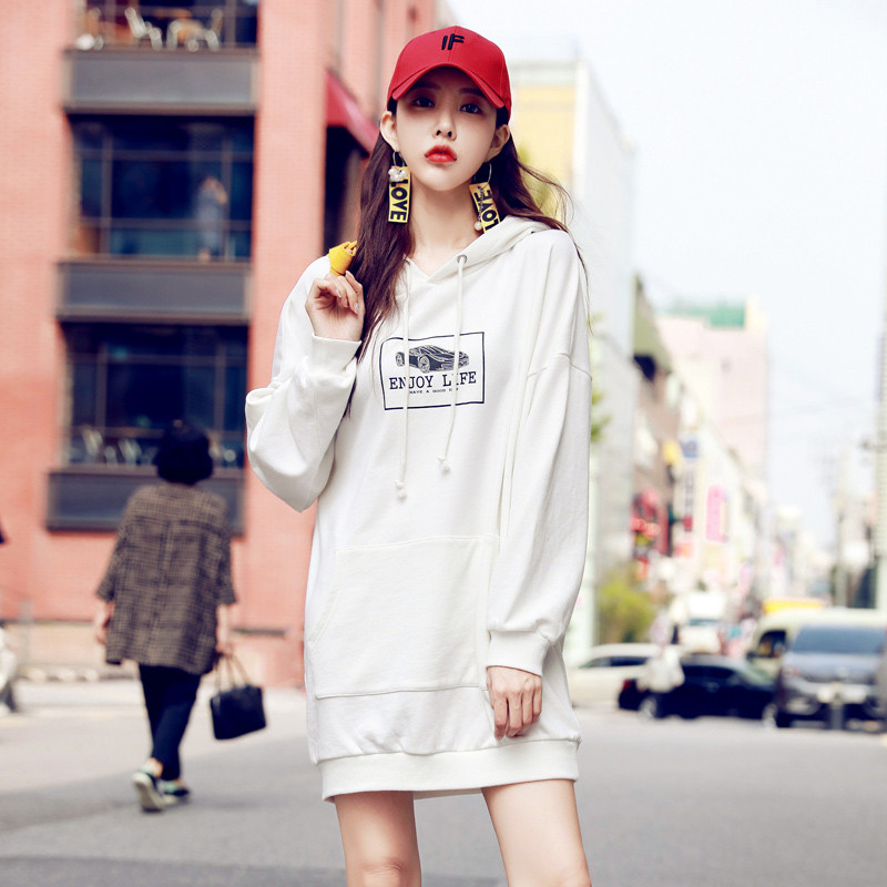 韩都衣舍全智贤明星同款2018新款女春装宽松印花连衣裙LU7358荃 XS 白色