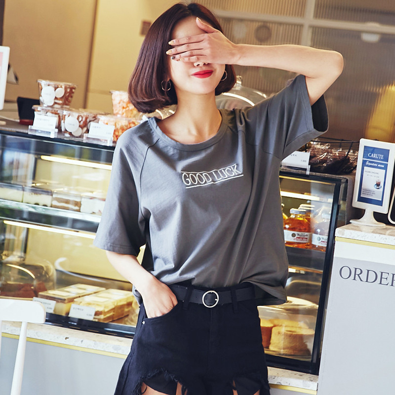 韩都衣舍2018夏装新款女装韩版宽松刺绣打底短袖T恤NW8565棽0320 L 灰色
