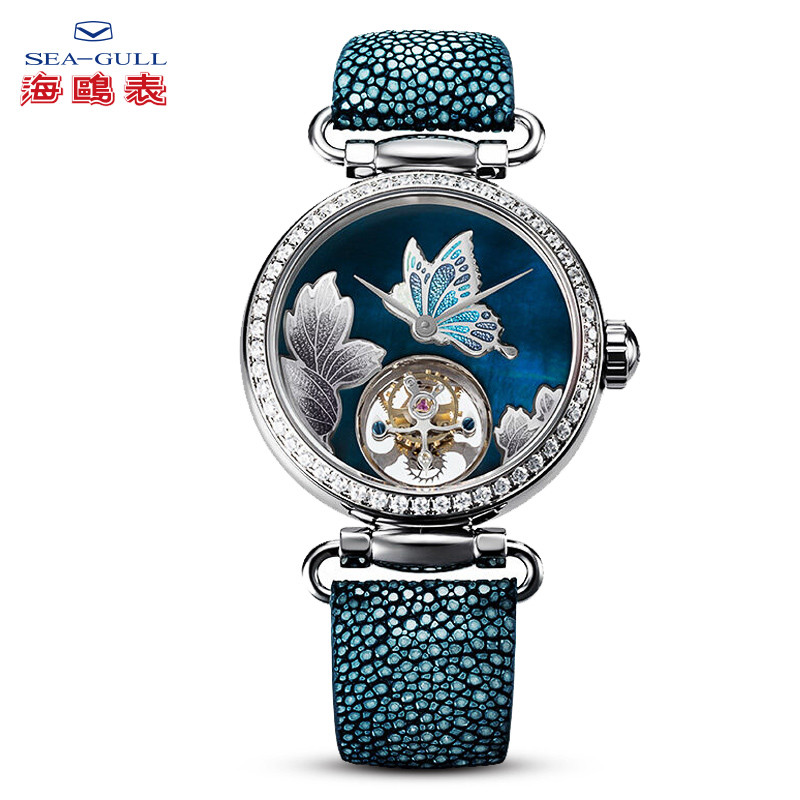 海鸥表(SEA-GULL)女士手表银花丝皮带魔鬼鱼皮陀飞轮潮流女表 8100L