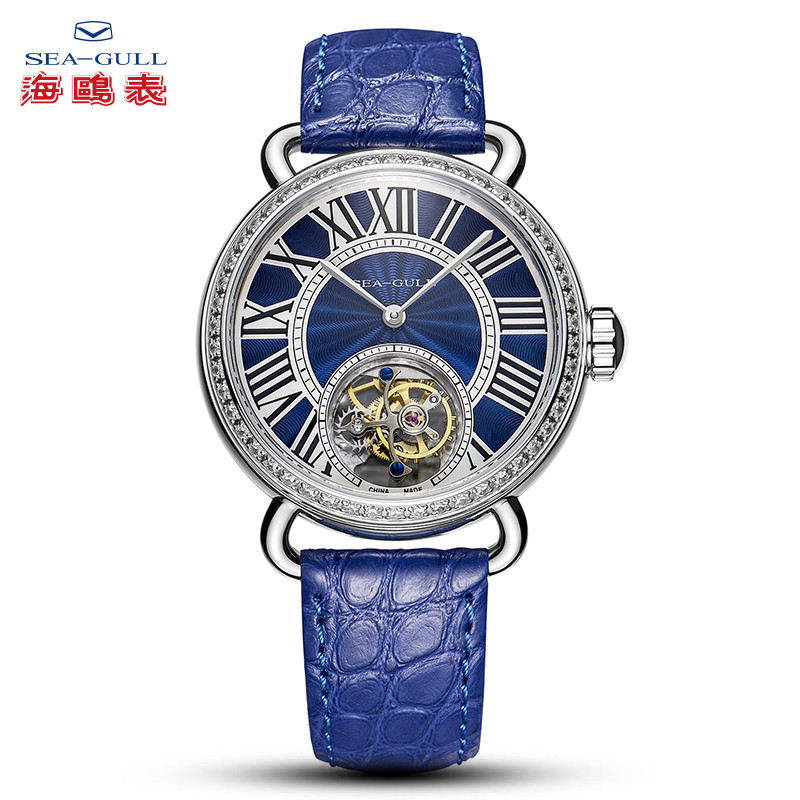 海鸥手表(SEA-GULL)时尚潮流皮表带手动陀飞轮情侣表机械腕表维罗纳 蓝盘黑色罗马钻点女H718916034L99