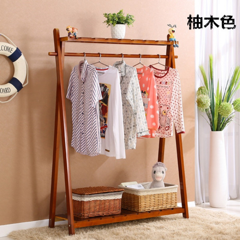 胡桃简约组装晾衣架红木挂衣架实木落地衣帽架木质衣服架松木衣架_14 柚木色1米