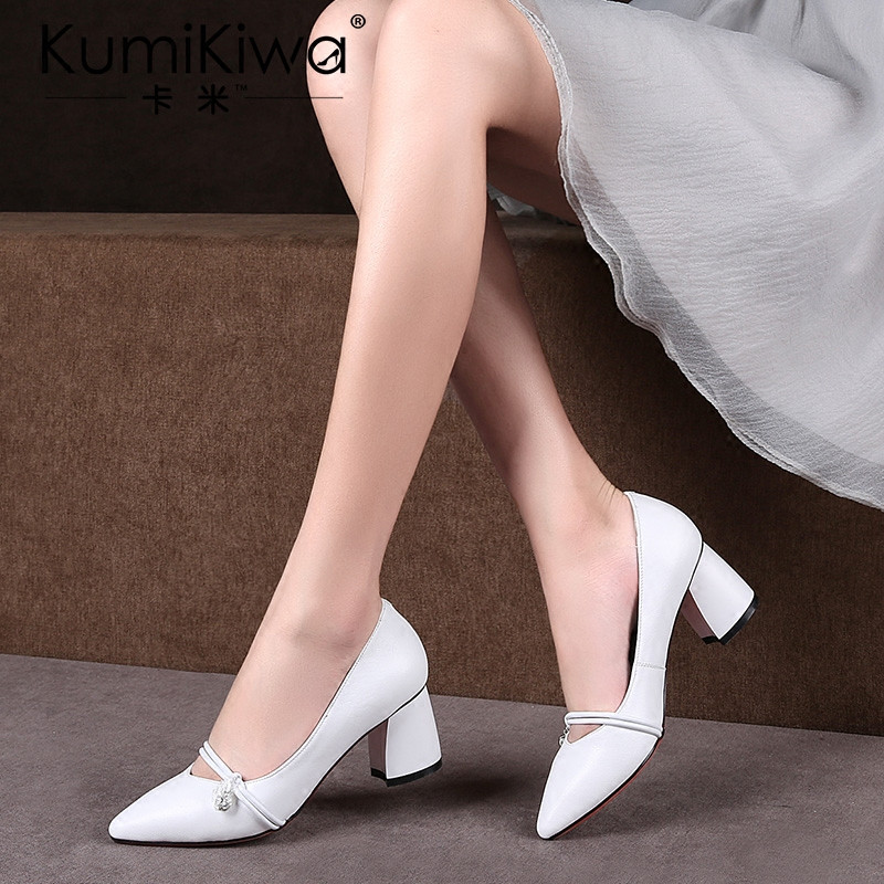 KumiKiwa卡米女鞋真皮羊皮6cm尖头白色高跟鞋粗跟浅口黑色单鞋子 红色 34码